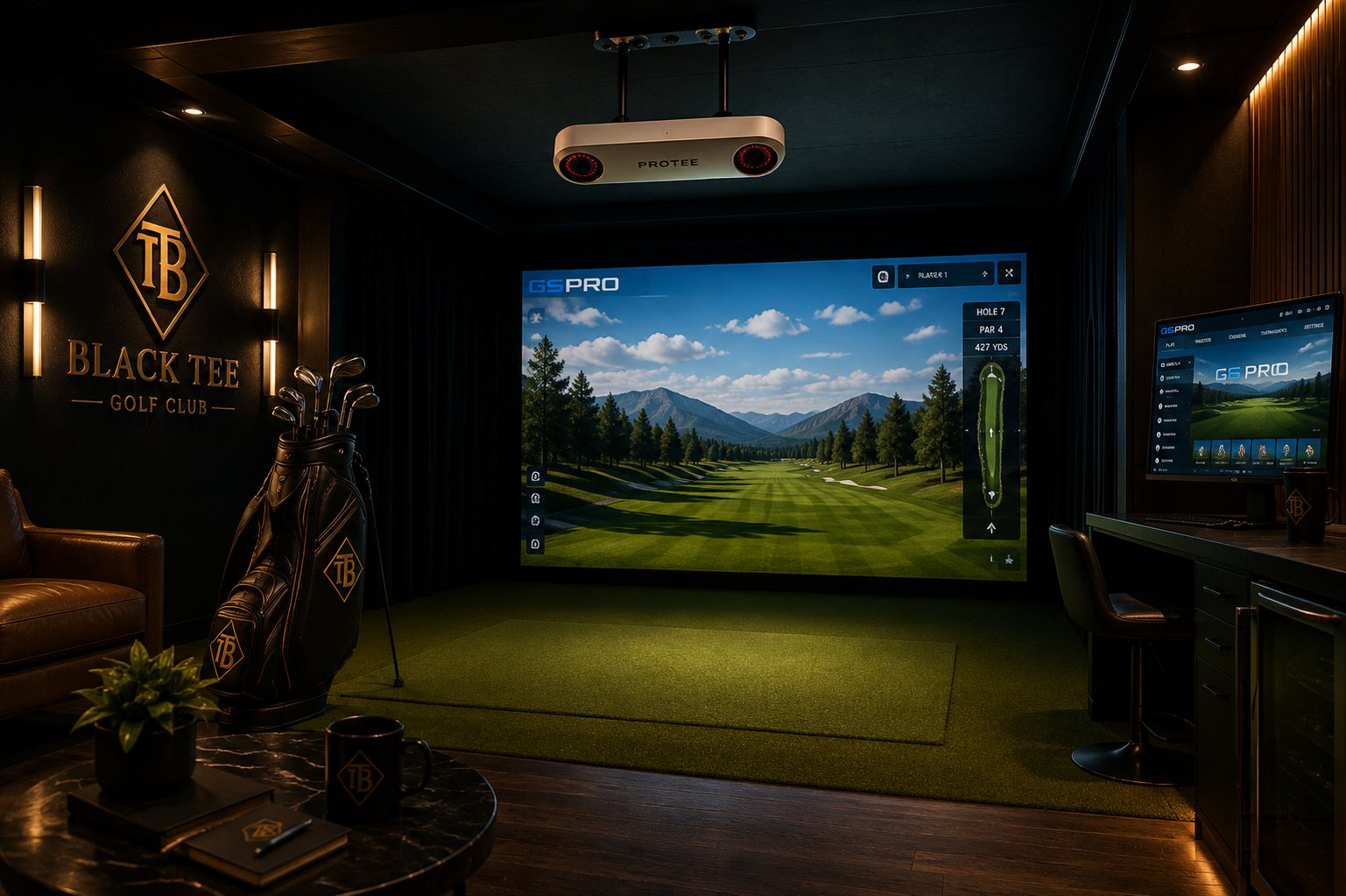 Protee overhead simulator unit above a Black Tee bay with GSPro on the impact screen and a side monitor at the desk